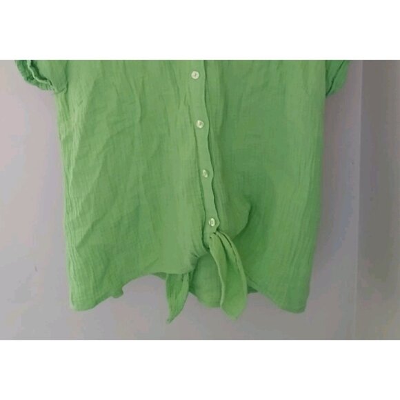 Belle Beach Kim Gravel Button Down Gauzy Shirt Size Large Green S/S Tie Front - Picture 4 of 9
